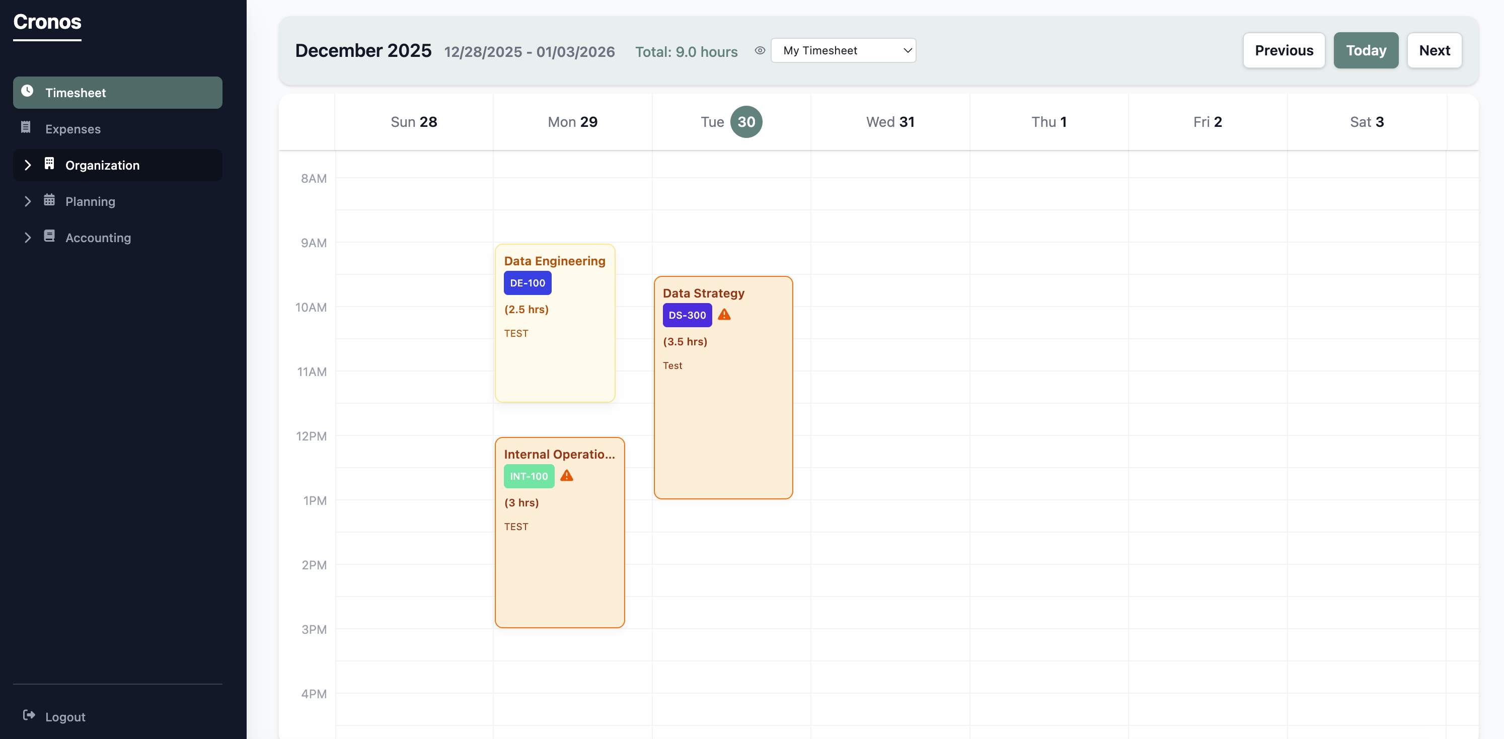 Cronos calendar interface showing seamless time entry