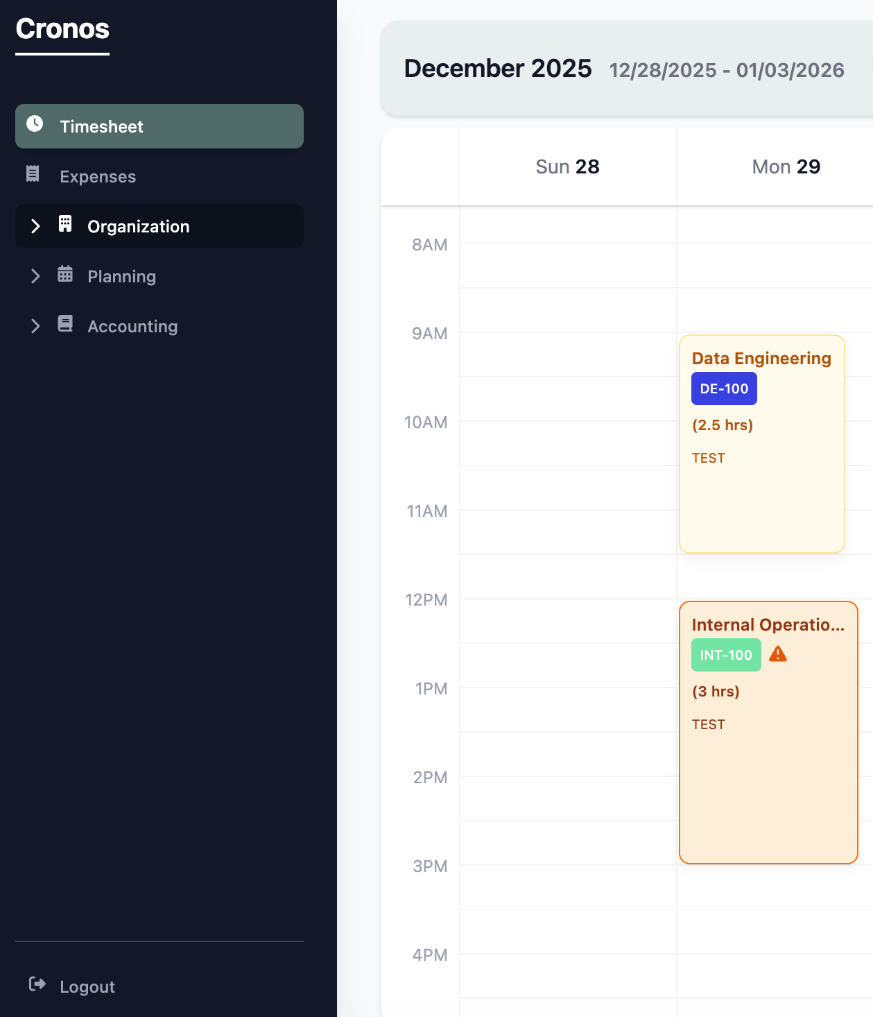 Cronos calendar interface showing seamless time entry