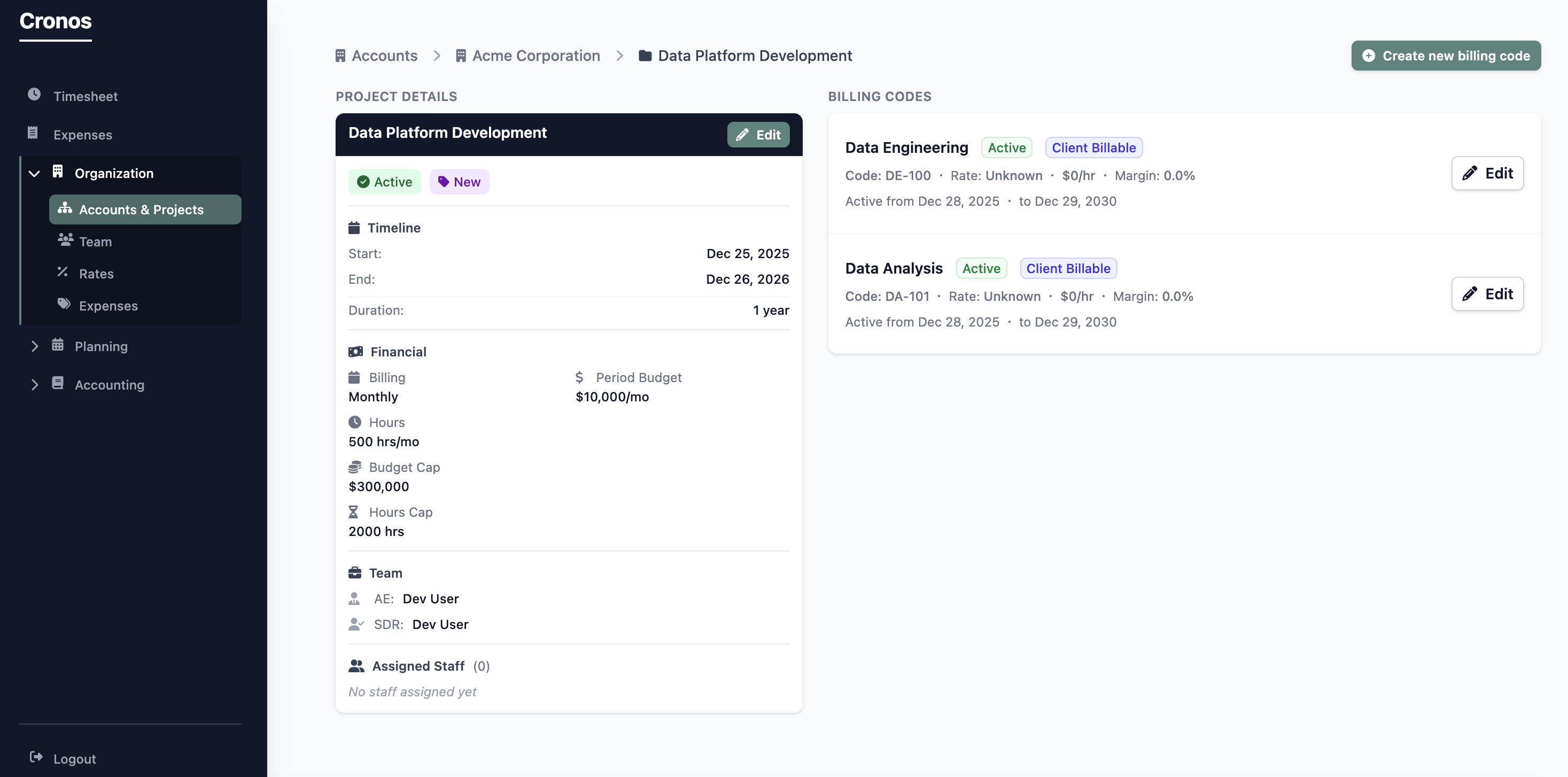 Cronos project management interface showing project tracking and budgets