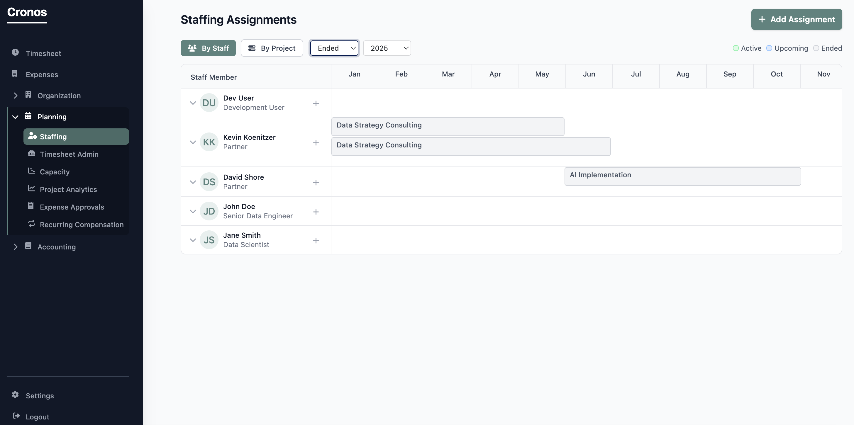 Cronos staffing gantt showing resource allocation and capacity planning