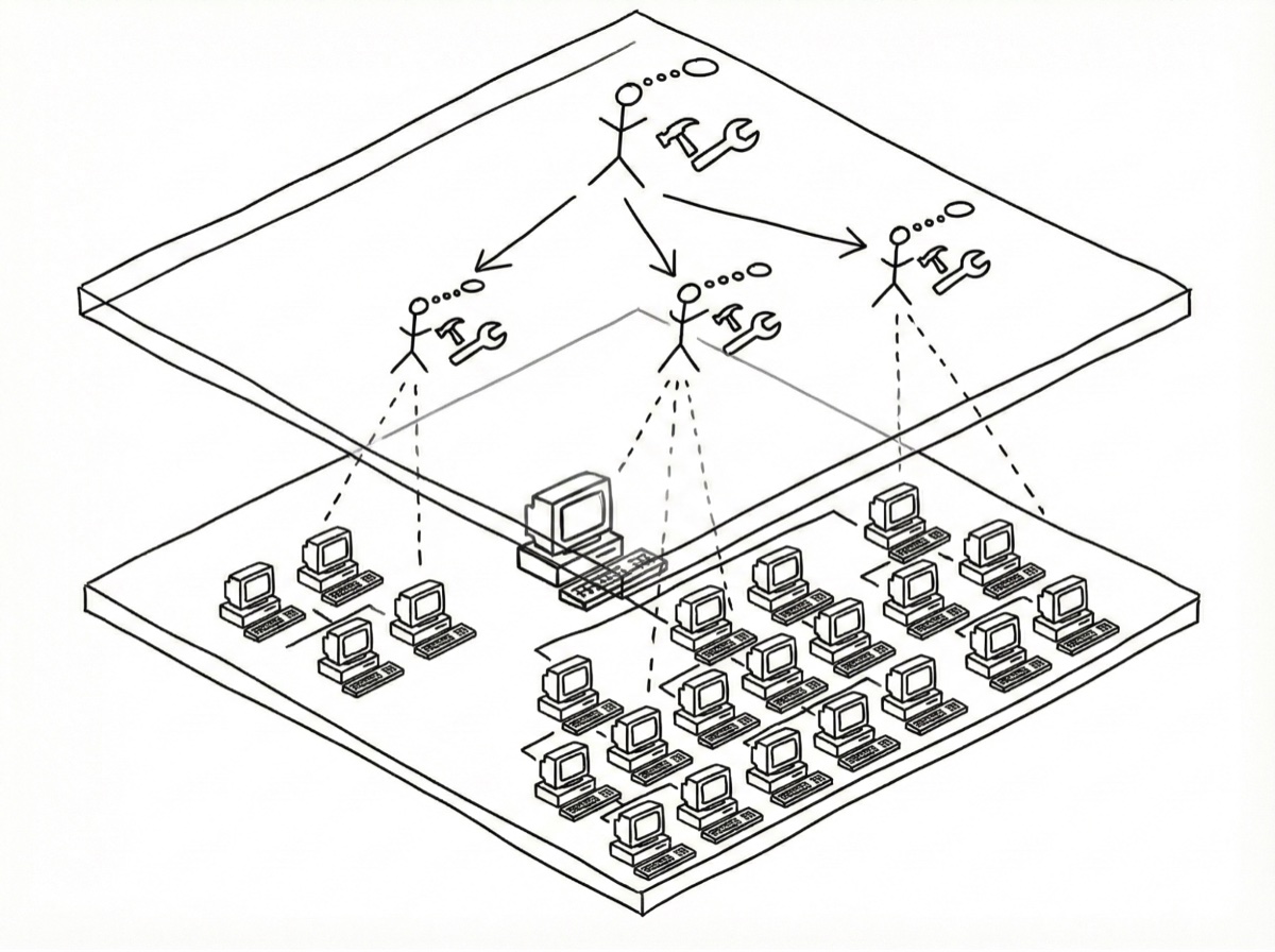 Organizational pyramid with human and computer agent nodes